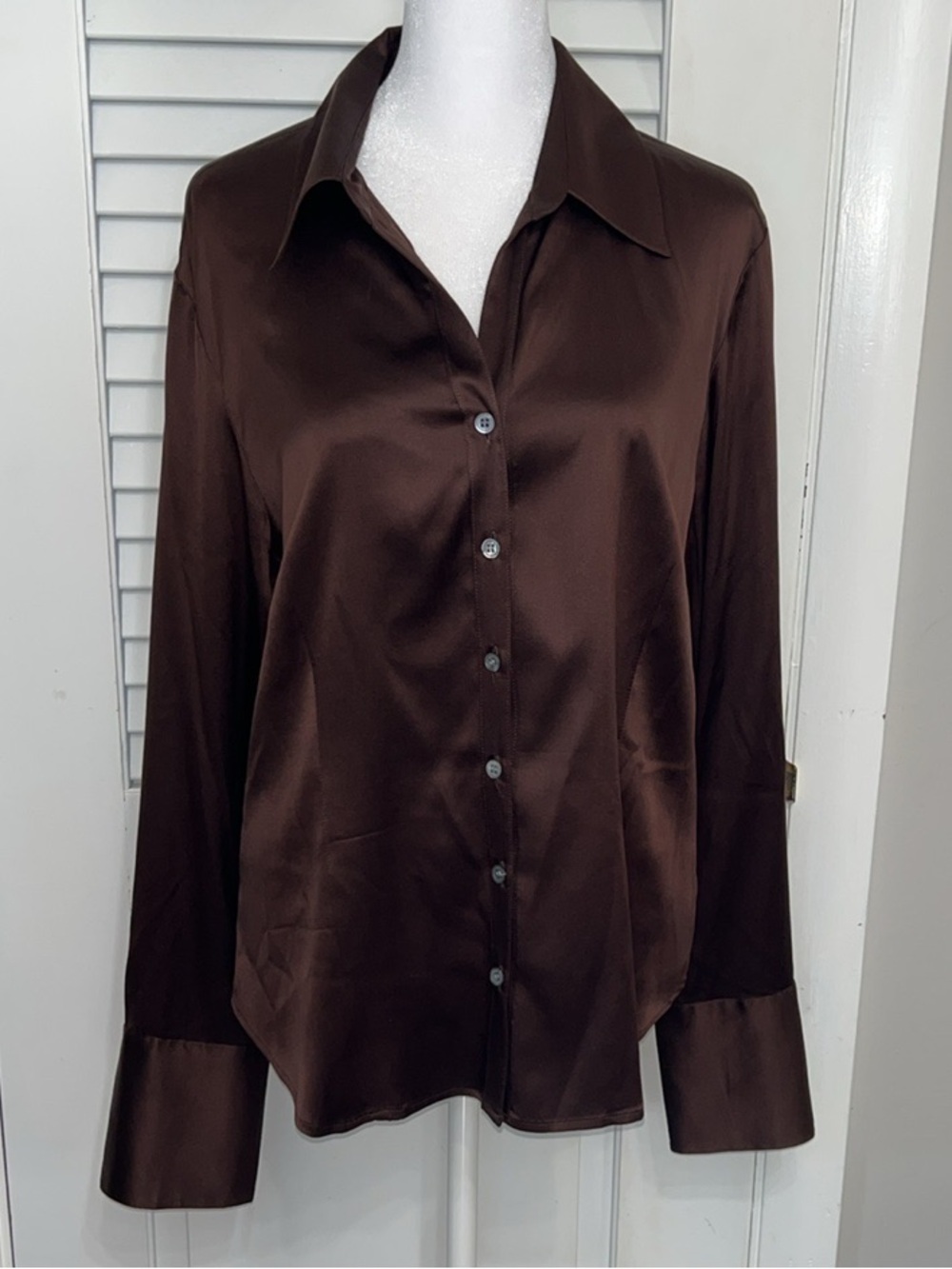 Valerie Stevens Chocolate Brown Silk Button Down Blouse Size L - Picture 2 of 9